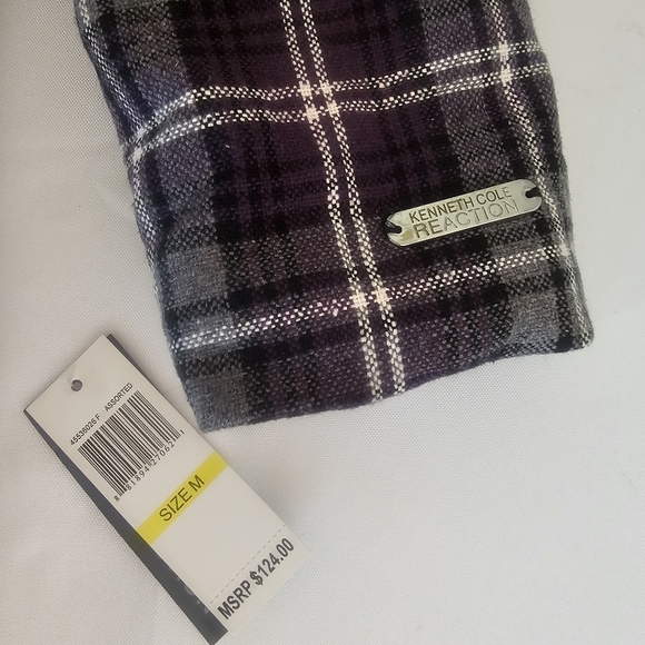 Kenneth Cole Reaction Plaid Coat with Faux Fur Collar Purple Gray Winter Warm - Picture 14 of 15